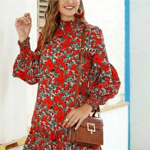 Floral Print Ruffle Hem Bishop Sleeve Dress